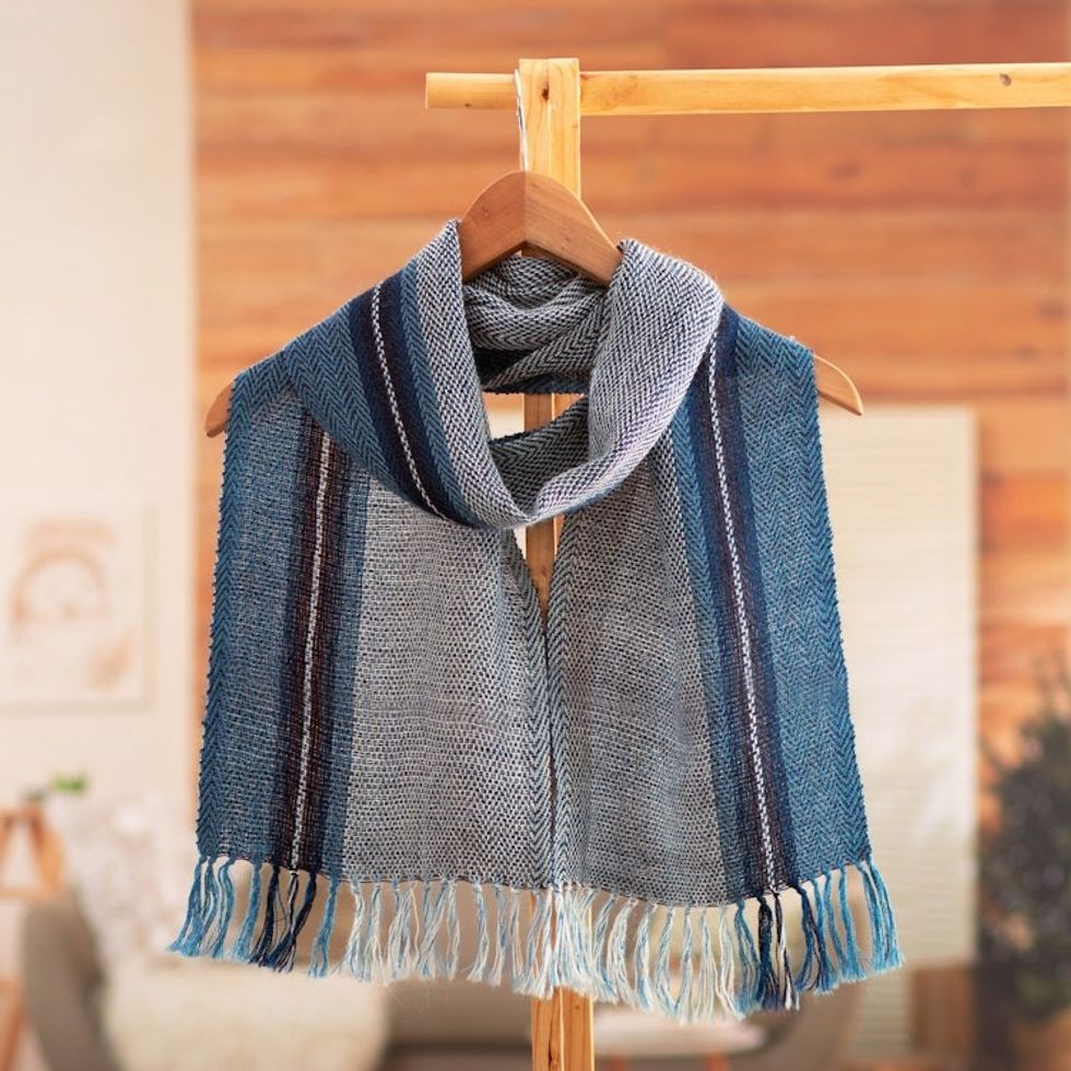 Handloomed 100 Alpaca Scarf in Blue and Turquoise Hues 'Teal Visions'