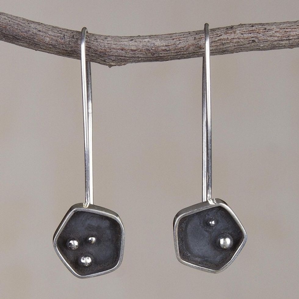 Geometric Sterling Silver Drop Earrings from Peru 'Pentagon Mystery'