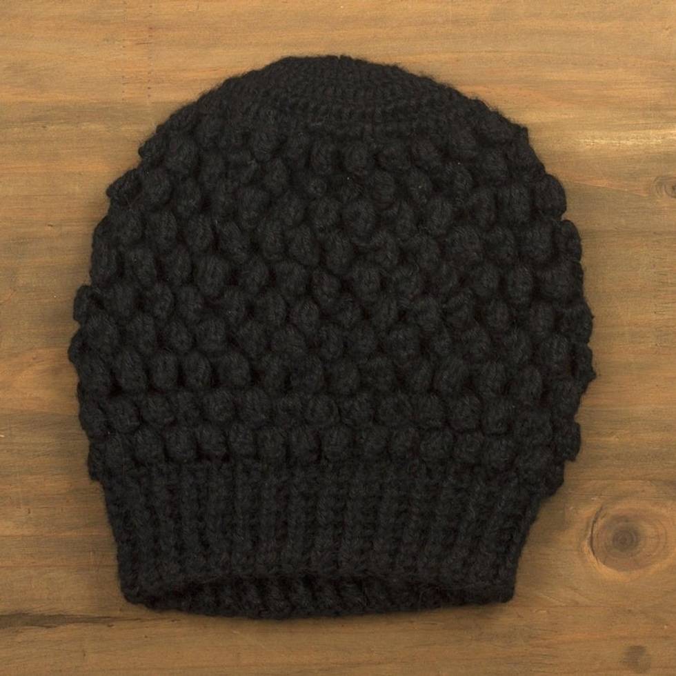 Hand-Crocheted Bubble Pattern Black Alpaca Cozy Winter Hat 'Bubbly Black'