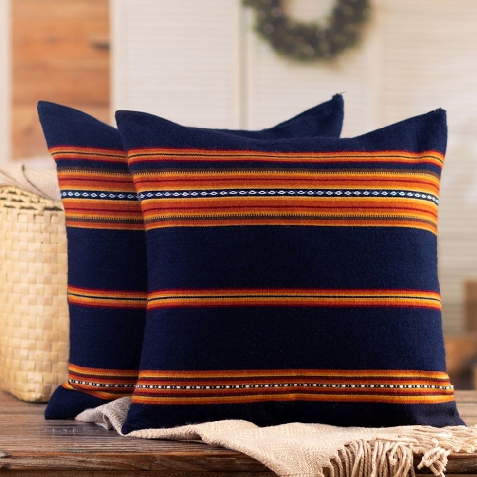 Pair of Handwoven Blue Alpaca Blend Cushion Covers 'Inca Comfort'