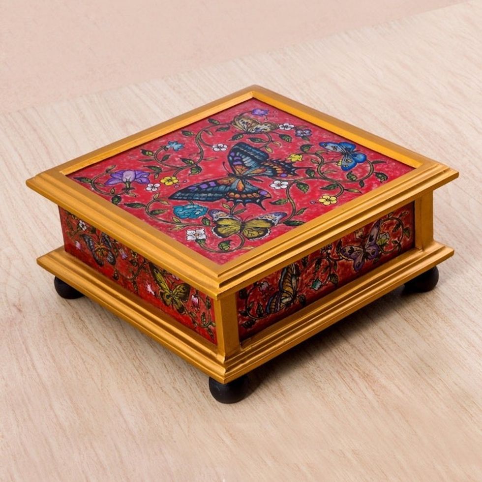 Butterflies on Red Reverse Painted Glass Decorative Box 'Red Winter Butterflies'