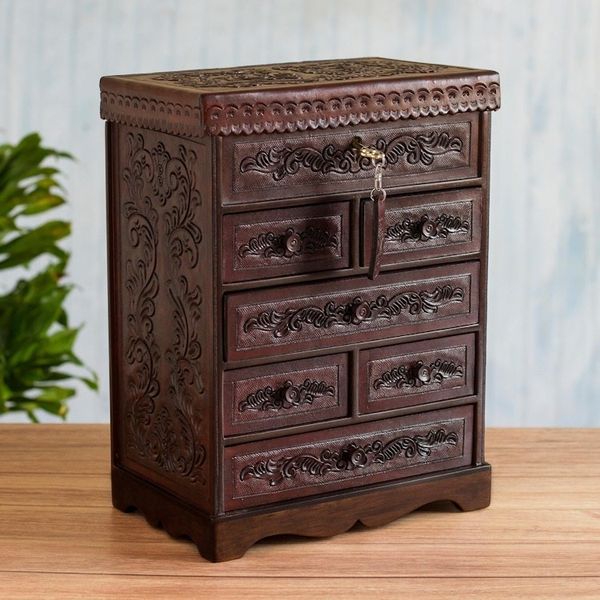 Alternate image for Hand Crafted Leather Jewelry Chest Colonial Flowers