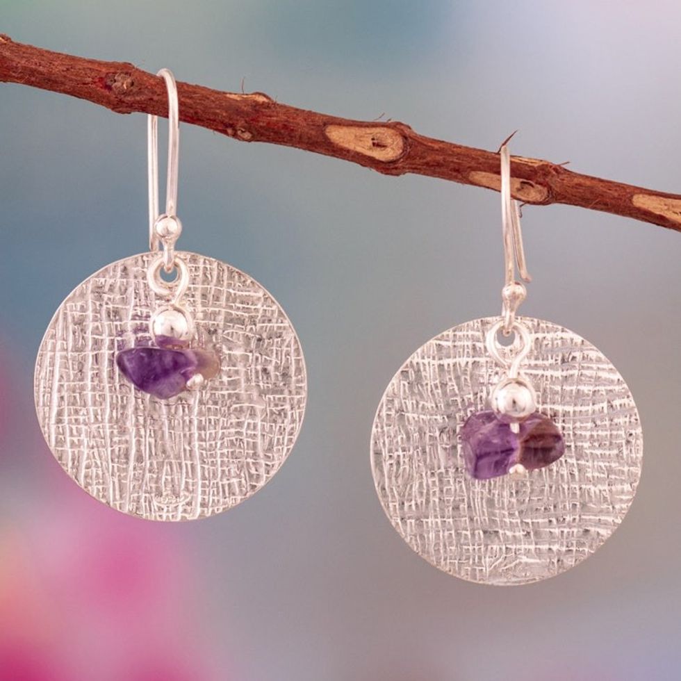 Textured Sterling Silver Dangle Earrings with Amethyst Stone 'Mysterious Reflections'