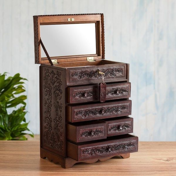 Alternate image for Hand Crafted Leather Jewelry Chest Colonial Flowers