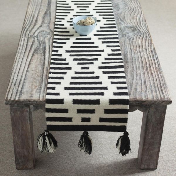 Alternate image for Diamond Motif Wool Table Runner in Black and Antique White Diamond Illusion