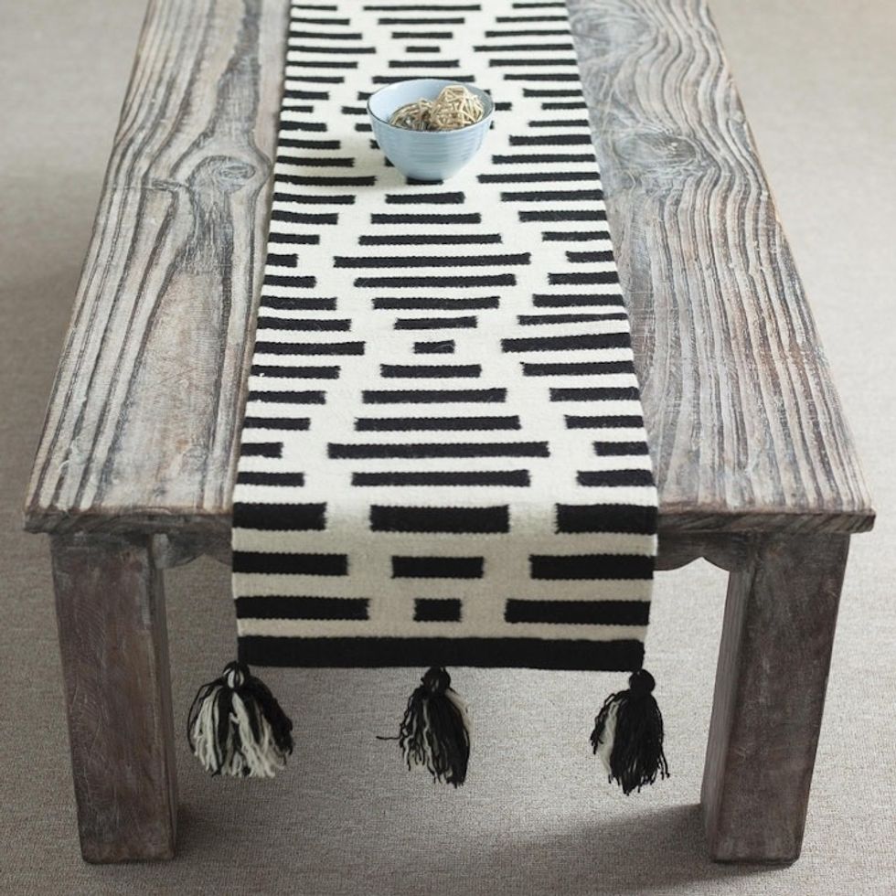 Diamond Motif Wool Table Runner in Black and Antique White 'Diamond Illusion'