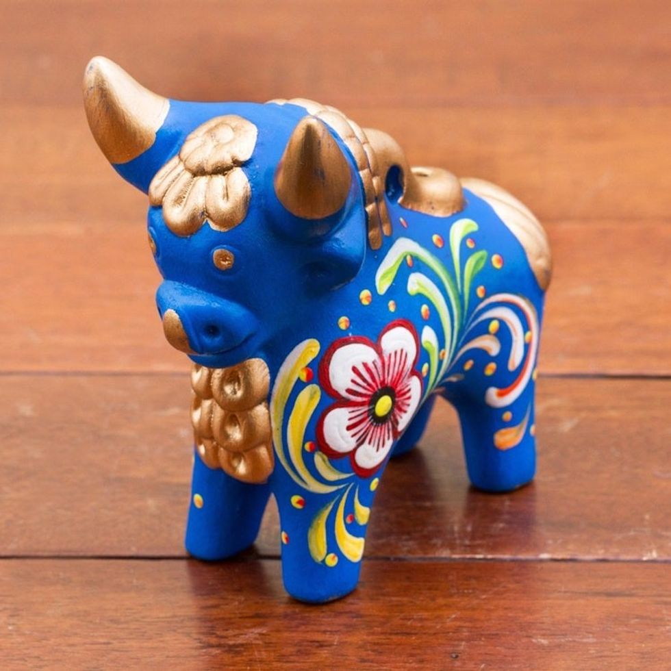 Hand Painted Blue Ceramic Bull Sculpture Floral from Peru 'Blue Pucara Bull'