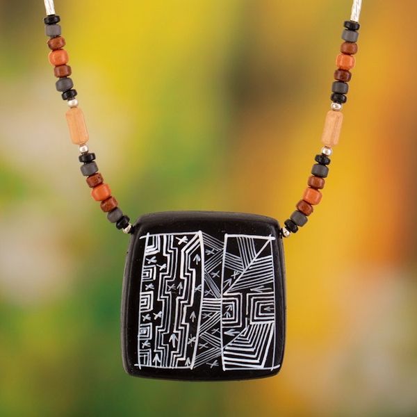 Alternate image for Peruvian Ceramic Pendant Necklace with Silver Beads Night Sky