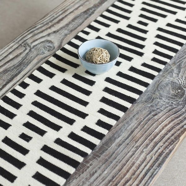 Alternate image for Diamond Motif Wool Table Runner in Black and Antique White Diamond Illusion