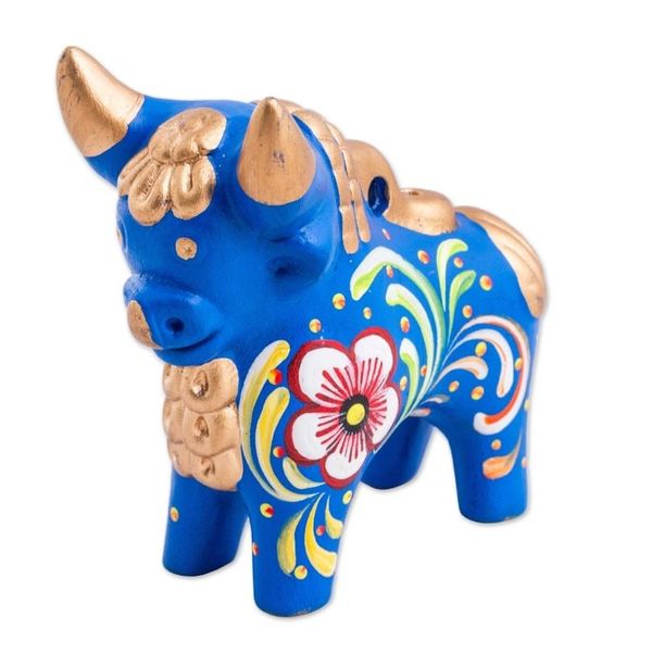 Alternate image for Hand Painted Blue Ceramic Bull Sculpture Floral from Peru Blue Pucara Bull