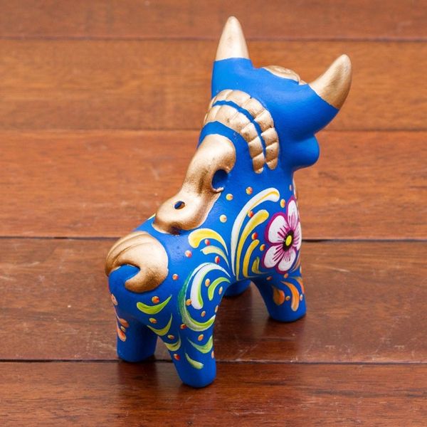 Alternate image for Hand Painted Blue Ceramic Bull Sculpture Floral from Peru Blue Pucara Bull