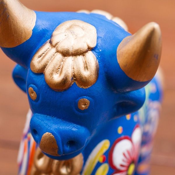 Alternate image for Hand Painted Blue Ceramic Bull Sculpture Floral from Peru Blue Pucara Bull