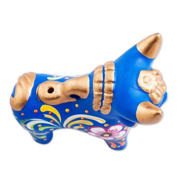 Alternate image for Hand Painted Blue Ceramic Bull Sculpture Floral from Peru Blue Pucara Bull