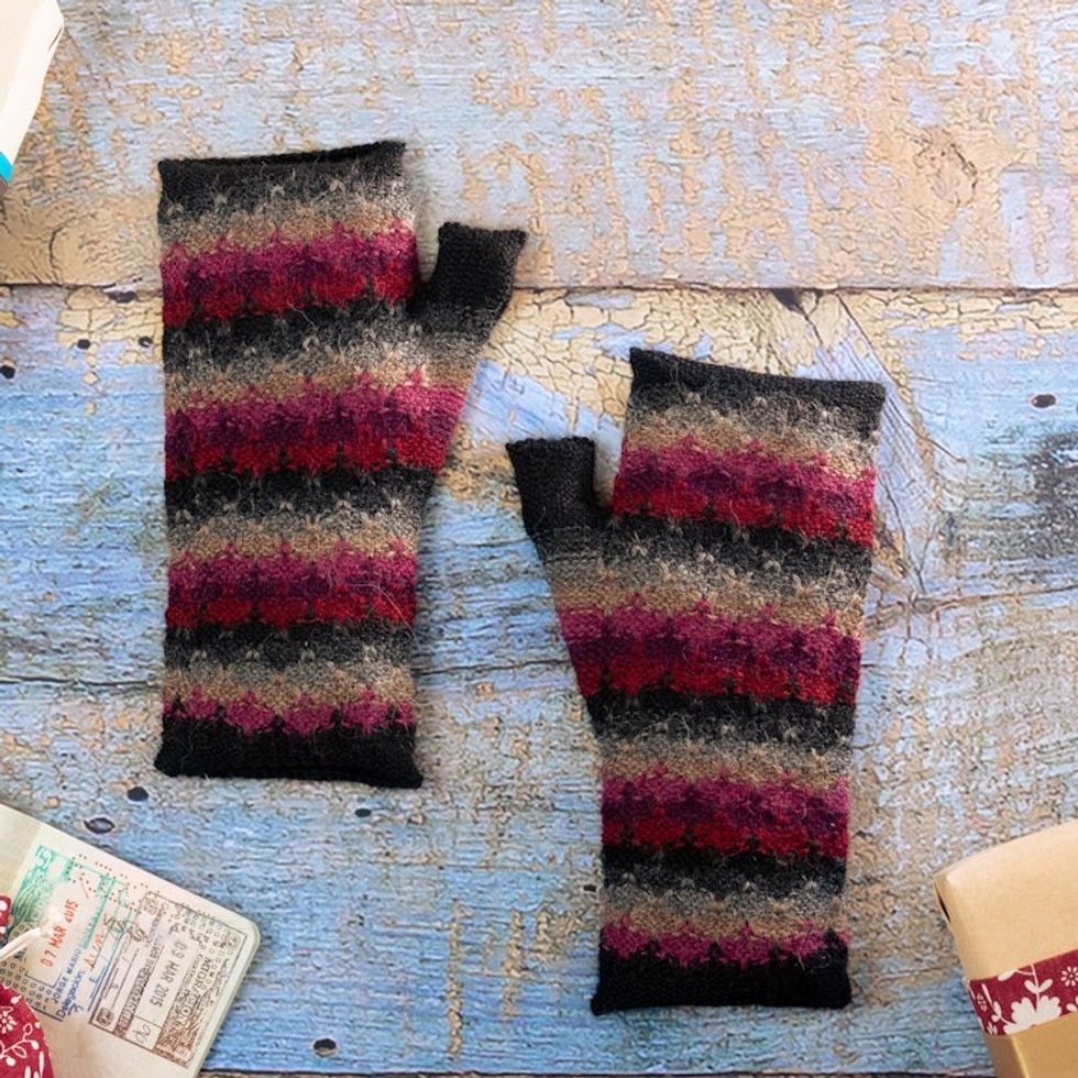 Knit Black Grey and Purple 100 Baby Alpaca Fingerless Mitts 'Magic in Purple'