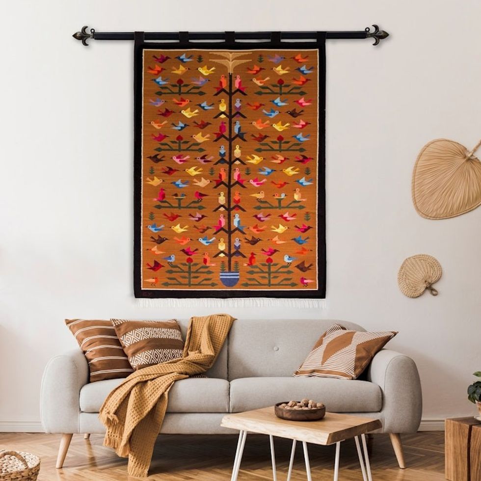 Unique Tree of Life Bird Tapestry from Peru 'Tree of Happiness'