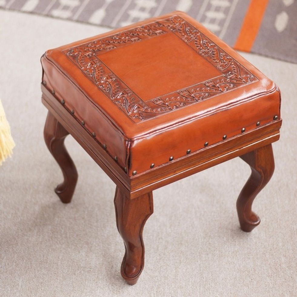 Leather and Wood Ottoman 'Inca Frieze'