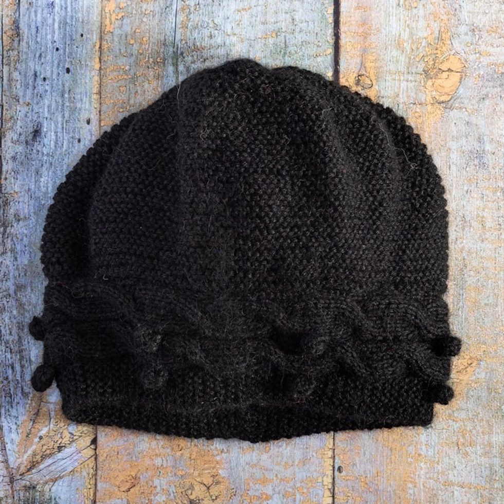 Knit 100 Alpaca Hat in a Black Tone Handcrafted in Peru 'Crossed Paths in Black'
