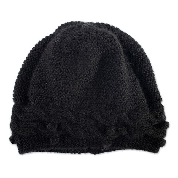 Alternate image for Knit 100 Alpaca Hat in a Black Tone Handcrafted in Peru Crossed Paths in Black