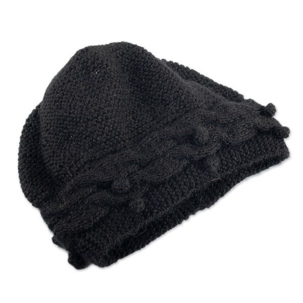 Alternate image for Knit 100 Alpaca Hat in a Black Tone Handcrafted in Peru Crossed Paths in Black