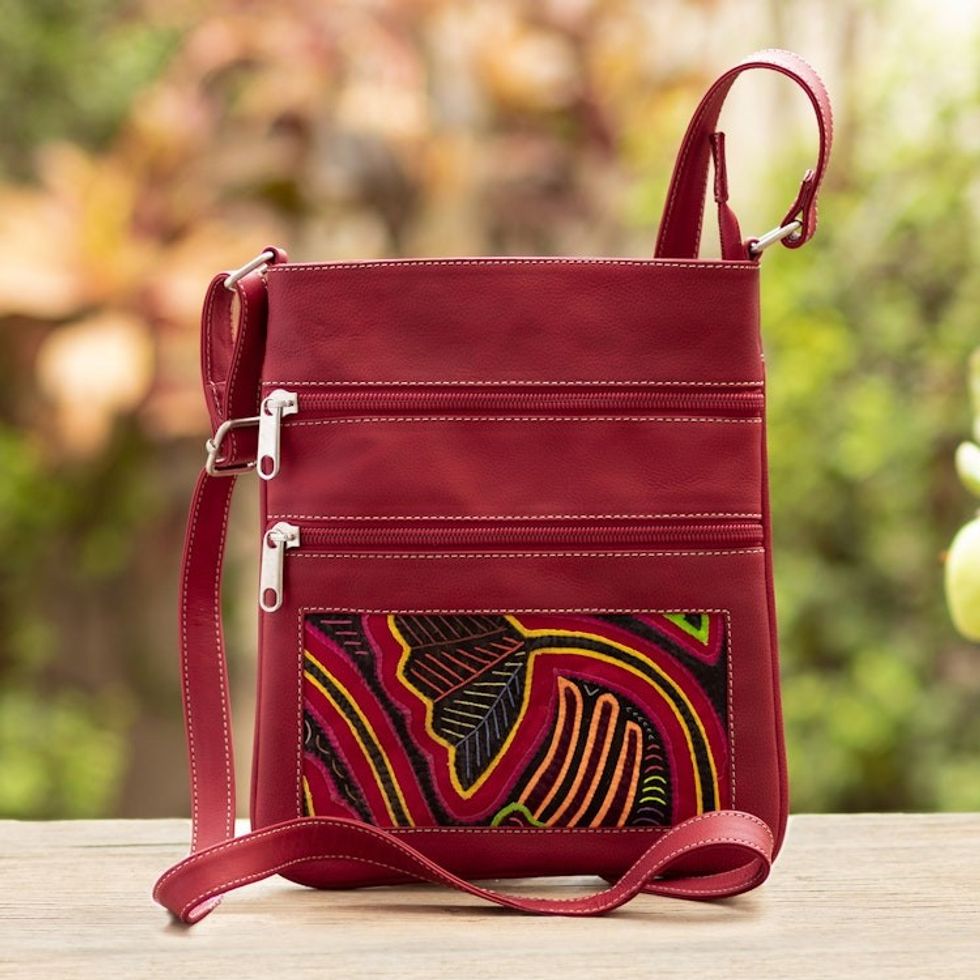 Red Leather Sling with Mola Textile and Adjustable Strap 'Red Jungle'