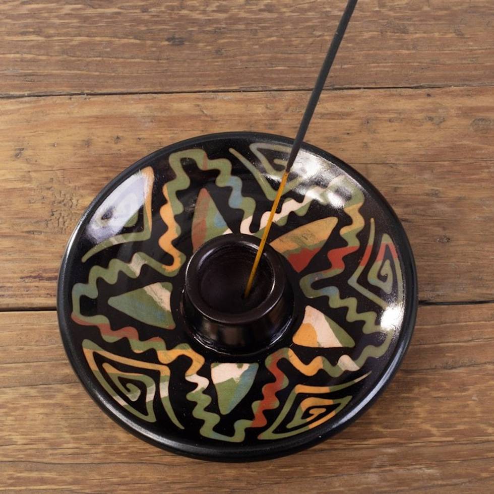 Handcrafted Geometric Round Ceramic Incense Holder 'Ancestral Constellation'
