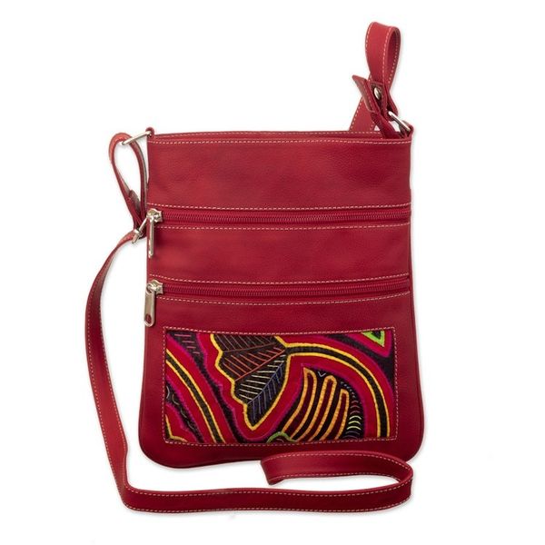 Alternate image for Red Leather Sling with Mola Textile and Adjustable Strap Red Jungle