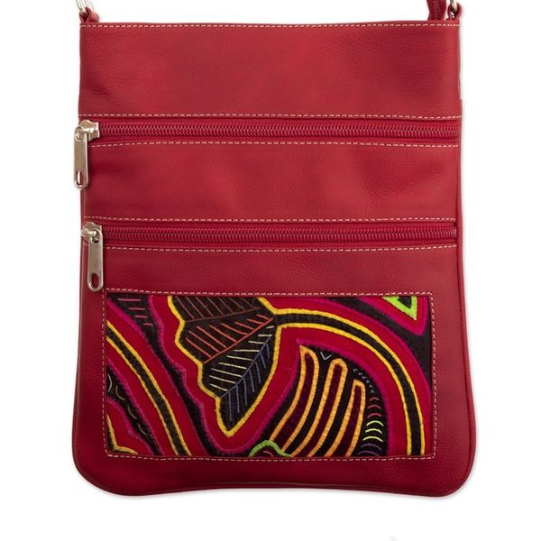 Alternate image for Red Leather Sling with Mola Textile and Adjustable Strap Red Jungle
