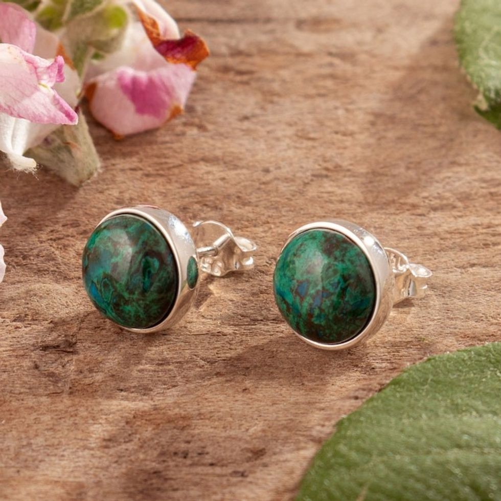 Polished Sterling Silver Stud Earrings with Chrysocolla Gems 'Intuition Whim'