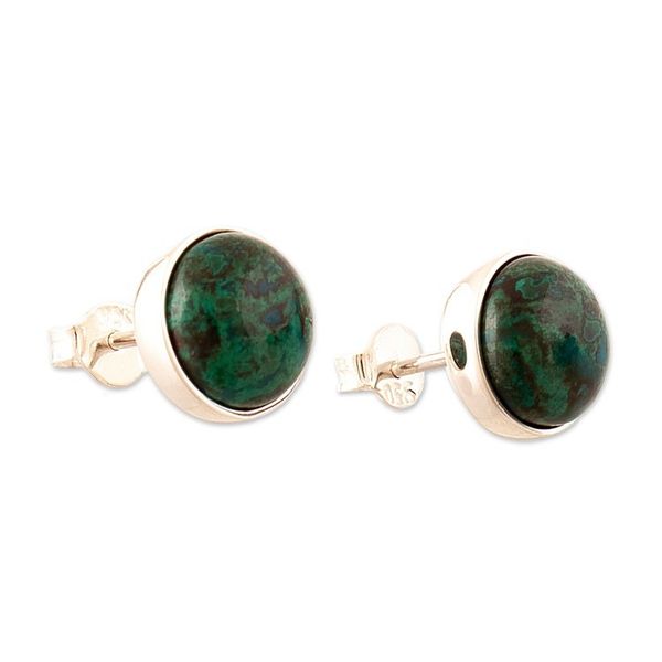 Alternate image for Polished Sterling Silver Stud Earrings with Chrysocolla Gems Intuition Whim