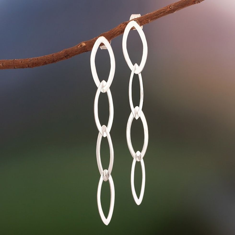 Sterling Silver Dangle Earrings of Oval Links from Peru 'Linked Fortunes'