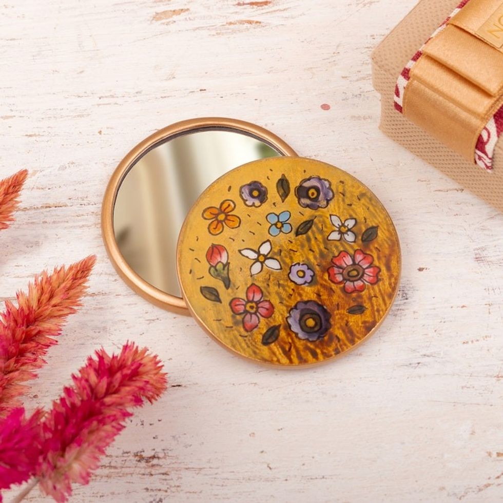 Spring-Themed Reverse-Painted Round Pocket Mirror in Yellow 'Jolly Spring'