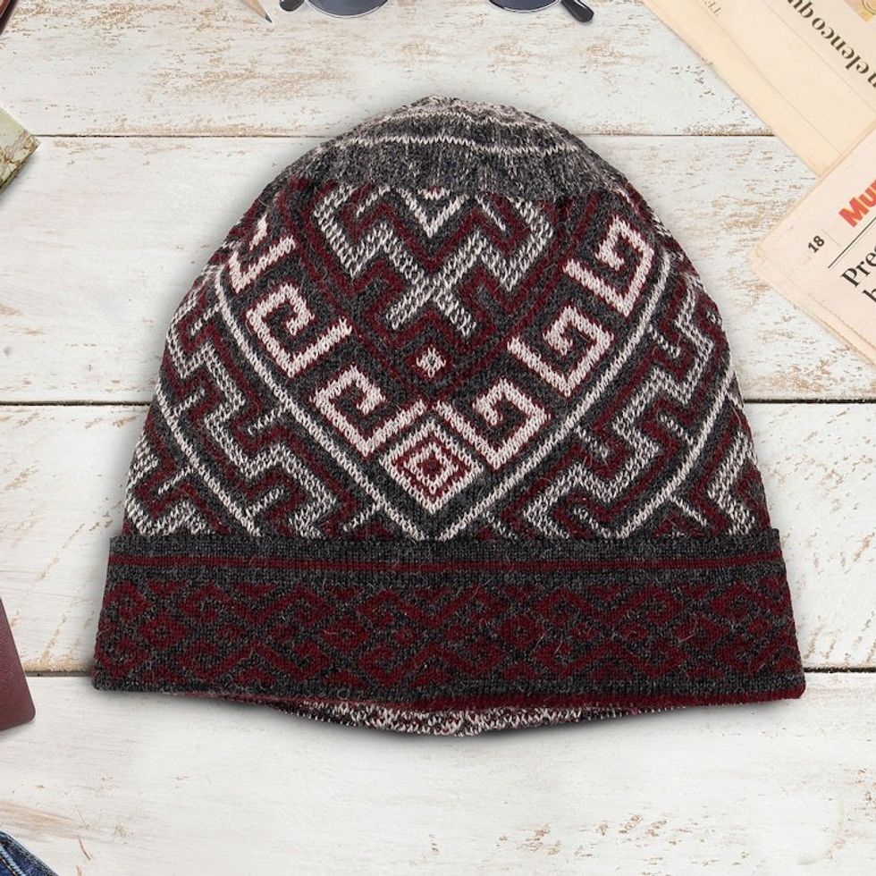 Knit Grey Red White 100 Baby Alpaca Hat with Inca Motifs 'Andean Life'