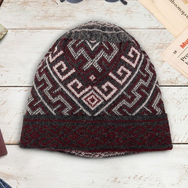 Alternate image for Knit Grey Red White 100 Baby Alpaca Hat with Inca Motifs Andean Life