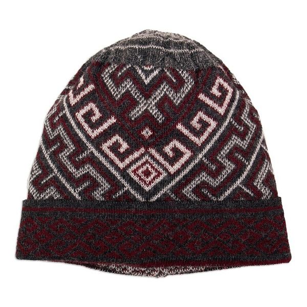 Alternate image for Knit Grey Red White 100 Baby Alpaca Hat with Inca Motifs Andean Life