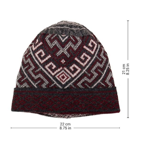 Alternate image for Knit Grey Red White 100 Baby Alpaca Hat with Inca Motifs Andean Life