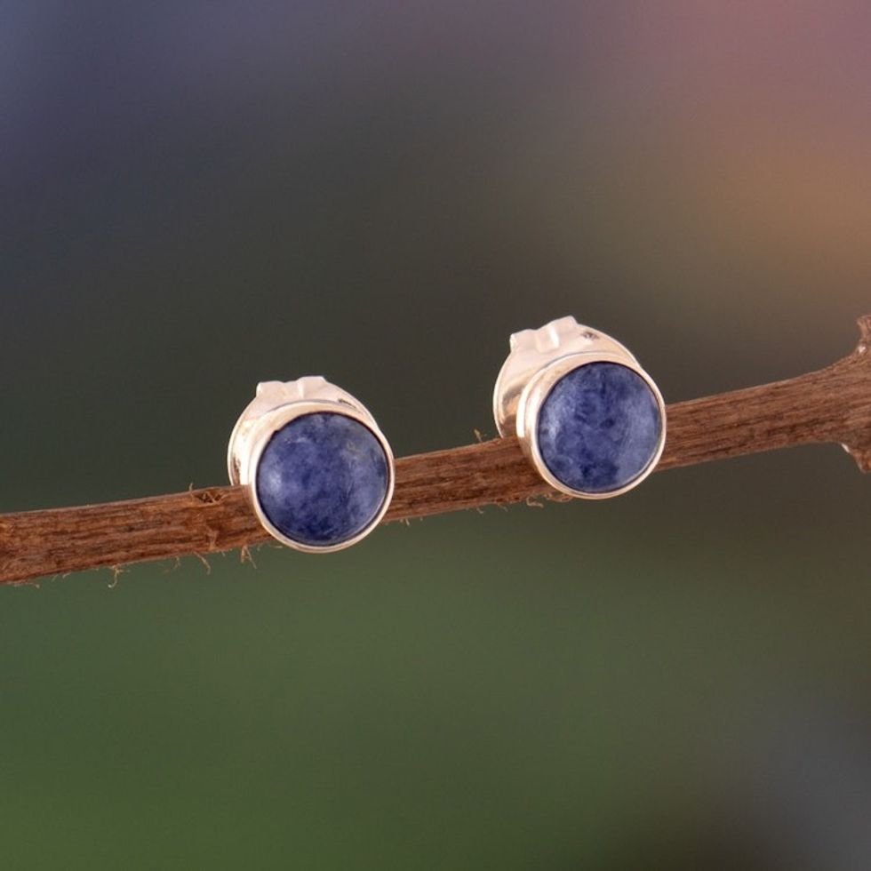 Silver Stud Earrings with Round Natural Sodalite Stones 'Marine Glow'
