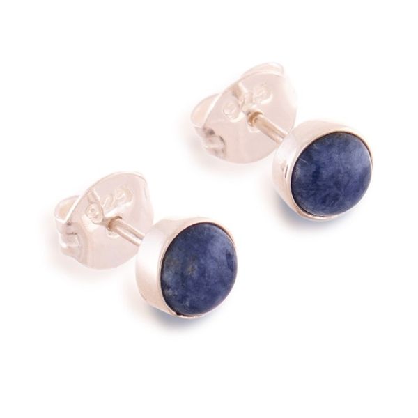 Alternate image for Silver Stud Earrings with Round Natural Sodalite Stones Marine Glow