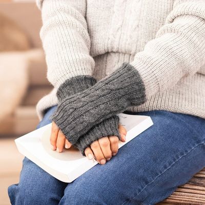 Alternate image for Black and Grey 100 Alpaca Reversible Fingerless Mittens Smoke and Black Glam