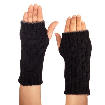 Alternate image for Black and Grey 100 Alpaca Reversible Fingerless Mittens Smoke and Black Glam