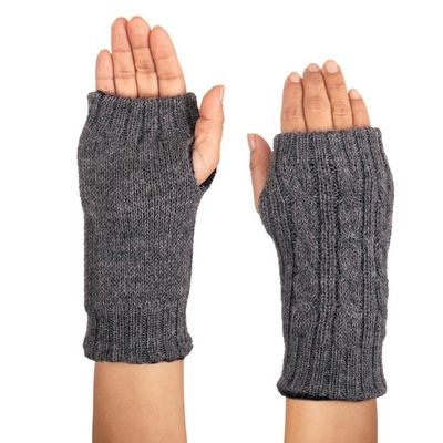 Alternate image for Black and Grey 100 Alpaca Reversible Fingerless Mittens Smoke and Black Glam
