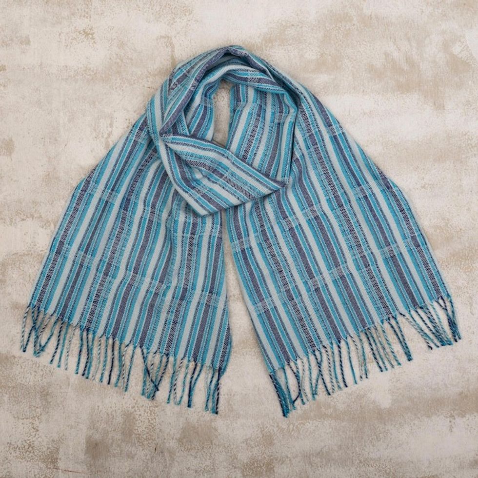 Blue Striped Baby Alpaca Scarf 'Aqua Lines'