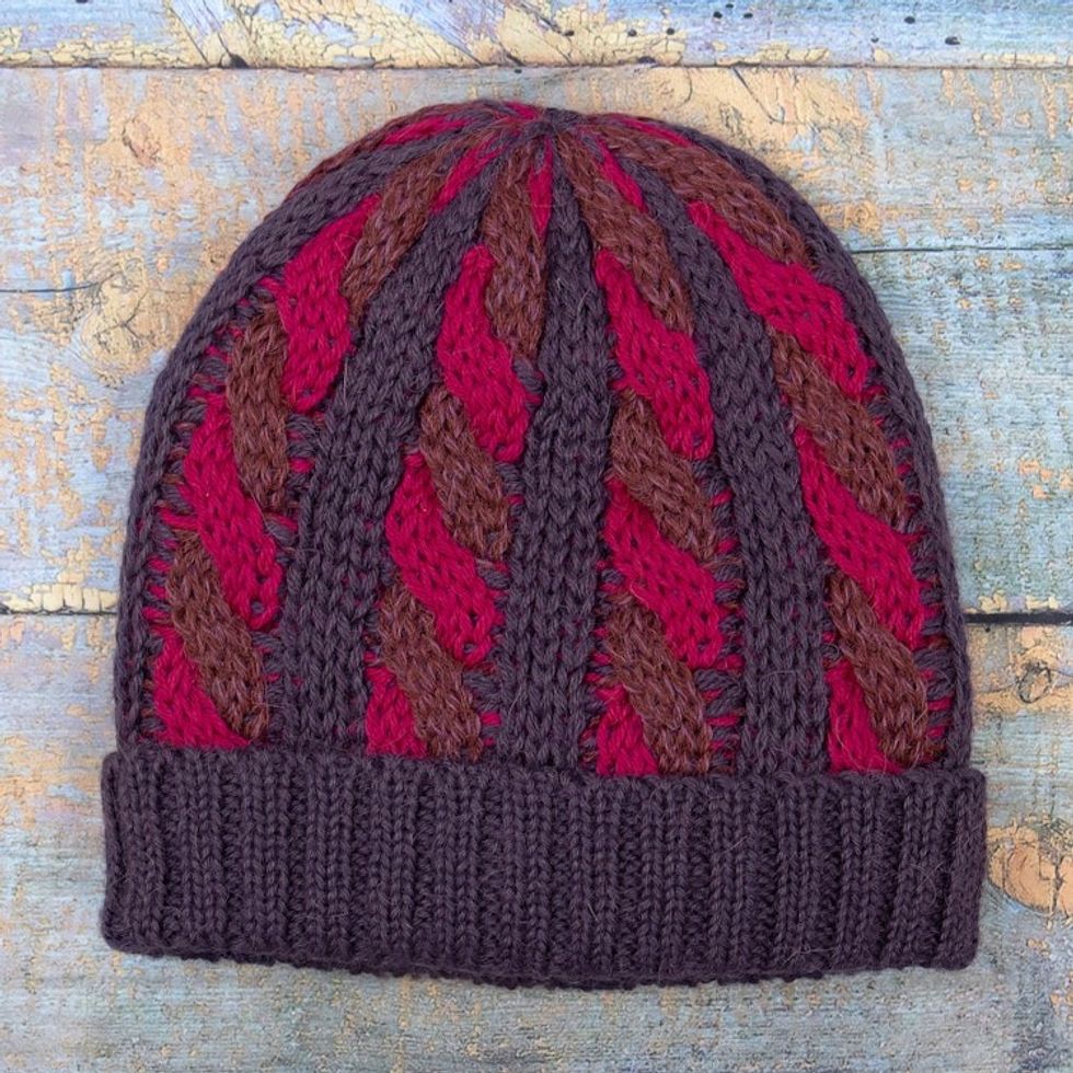 Cable Knit Alpaca Blend Hat in Fuchsia and Purple Hues 'Braided Fuchsia'