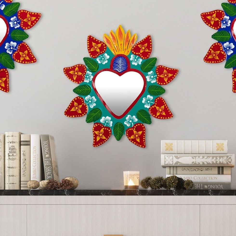 Hand-Painted Floral Heart-Themed Recycled Metal Wall Mirror 'Heart of the Andes'
