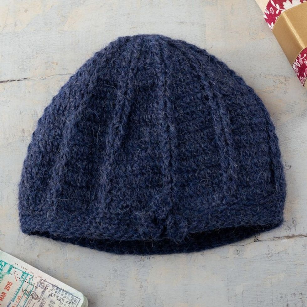 Hand-Crocheted Alpaca Hat in Denim from Peru 'Denim Softness'
