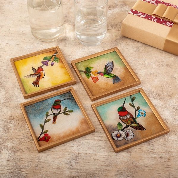 Alternate image for Bird-Themed Reverse-Painted Glass Coasters Set of 4 Joy at Sunset