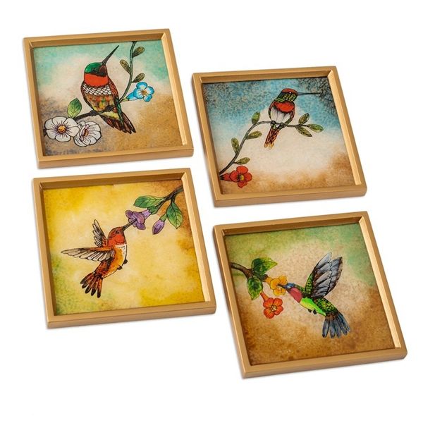 Alternate image for Bird-Themed Reverse-Painted Glass Coasters Set of 4 Joy at Sunset