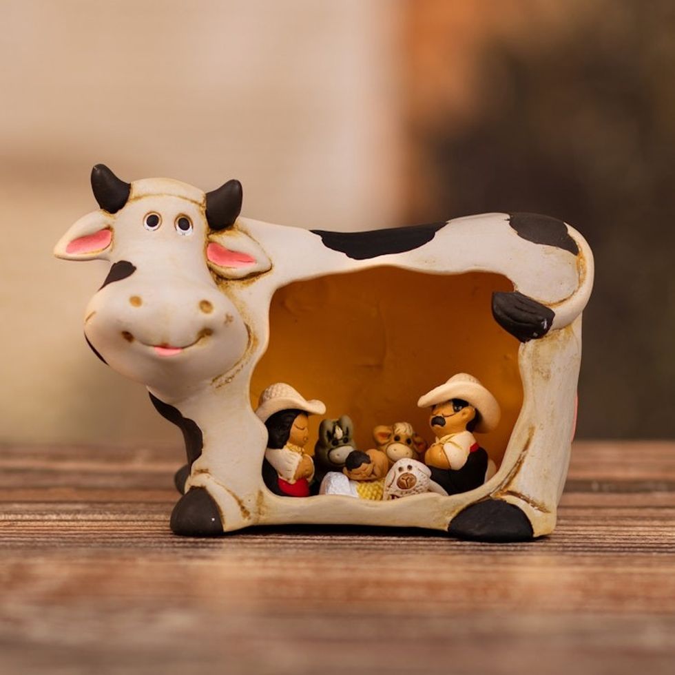 Cow Farm Christmas Nativity Scene Handcrafted from Ceramic 'Miracle of the Farm'