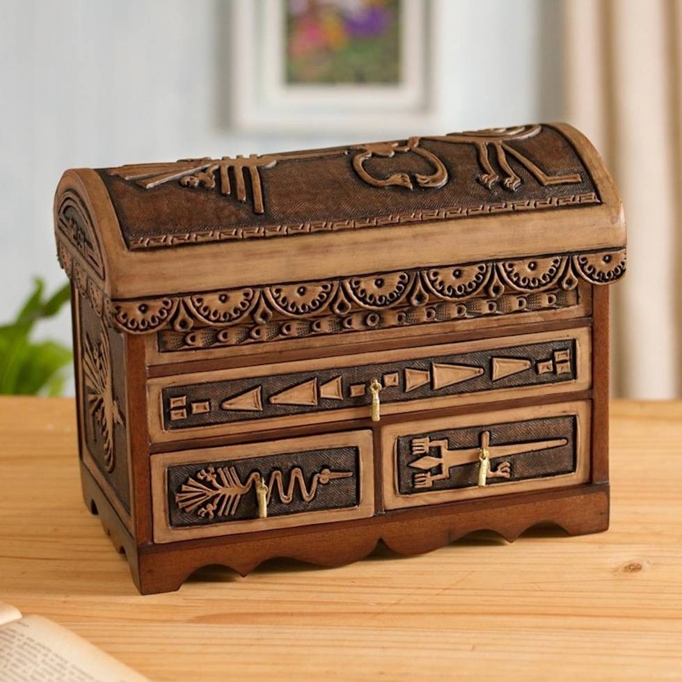 Nazca Pattern Leather and Cedar Wood Jewelry Chest from Peru 'Nazca Mysteries'