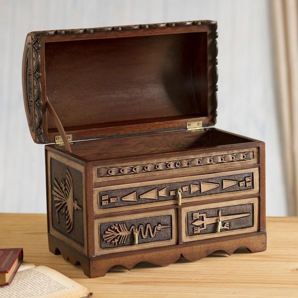 Alternate image for Nazca Pattern Leather and Cedar Wood Jewelry Chest from Peru Nazca Mysteries