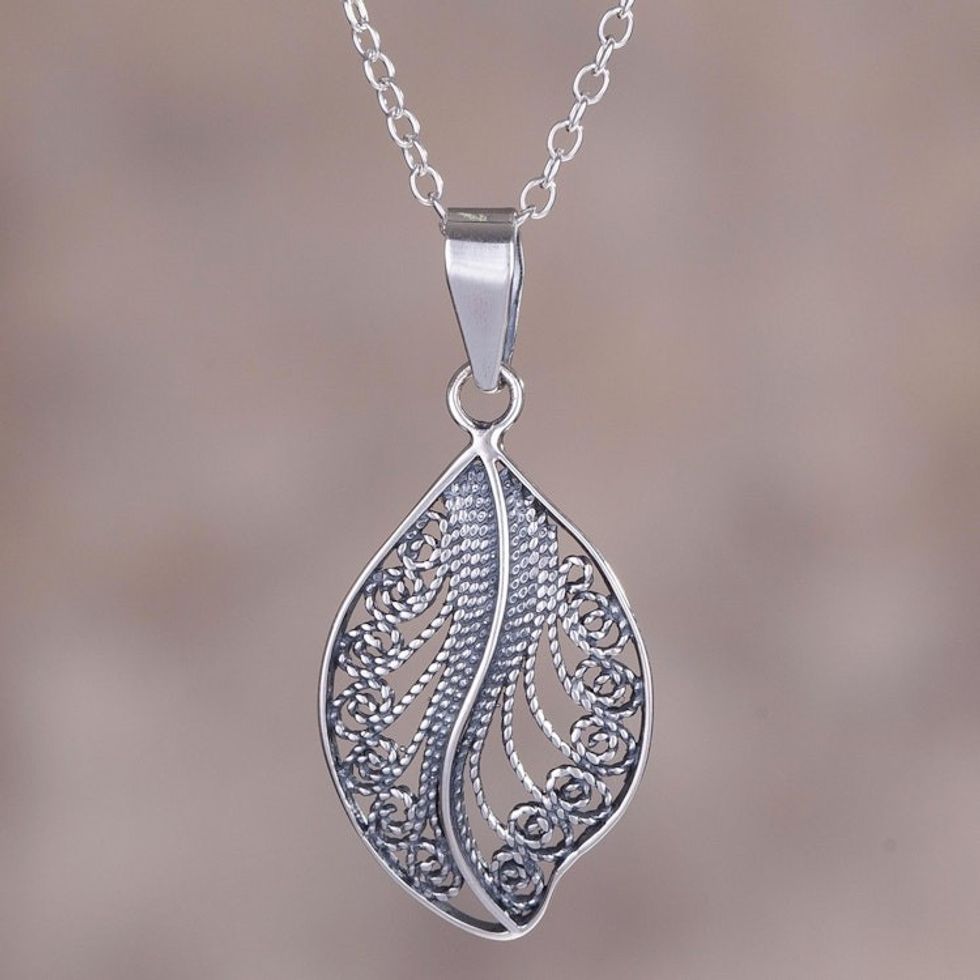 Sterling Silver Filigree Leaf Pendant Necklace from Peru 'Spiraling Veins'